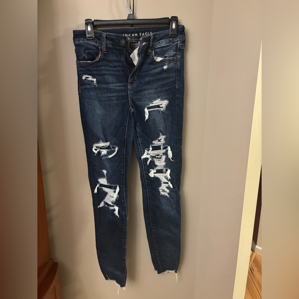 American Eagle Outfitters Blue Skinny Distressed Jeans high rise jeggings